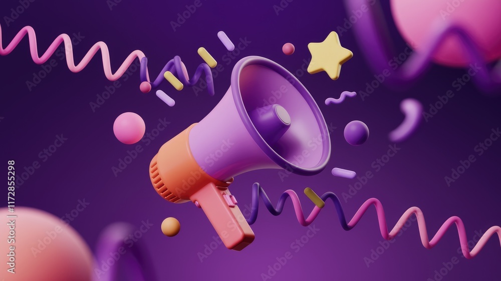 Poster a 3d rendered image of a purple megaphone surrounded by colorful abstract shapes, symbolizing vibran