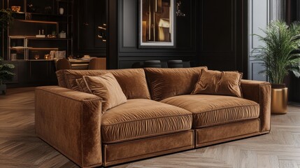 Luxurious brown velvet sofa in modern stylish interior setting