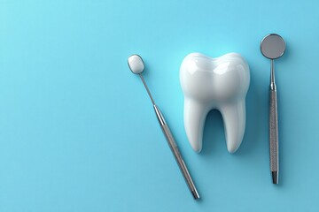 Tooth model with metal medical dentist instruments for dental care on a light blue background