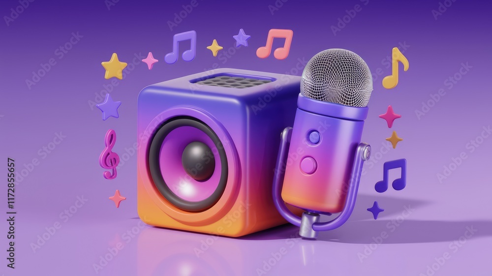 Poster Colorful 3D render of a speaker and microphone with music notes and stars, symbolizing vibrant audio entertainment.