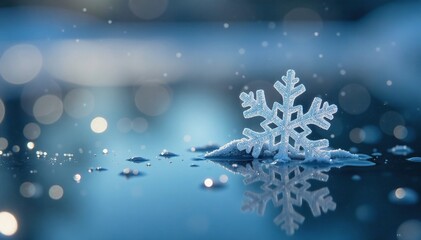 Fototapeta premium delicate snowflake floats on surface of frozen pond, frosty, snowflakes