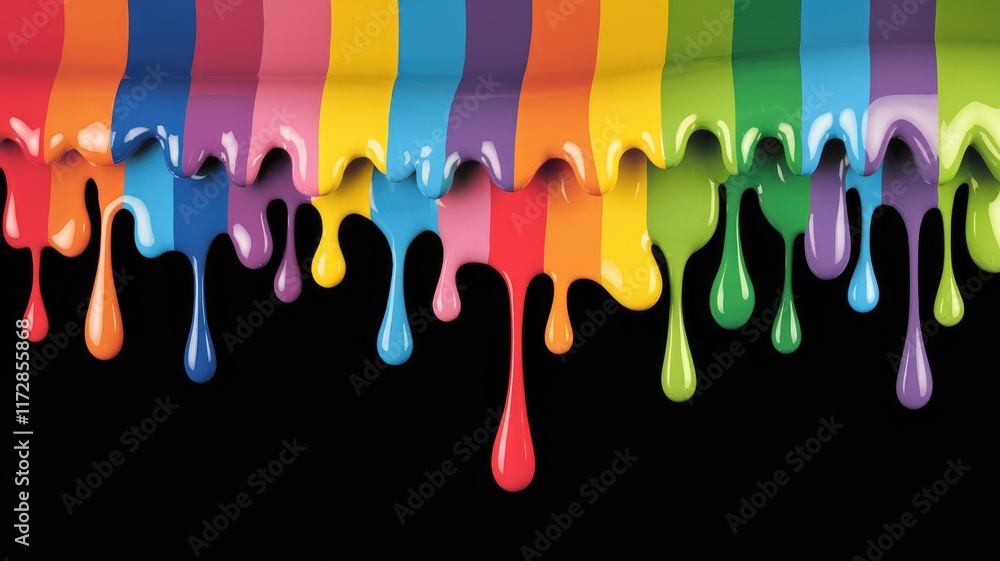Poster vibrant rainbow paint drips against a stark transparent background, creating a visually striking con