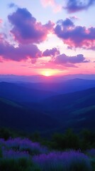 Obraz premium Vibrant sunset over rolling hills and wildflowers.