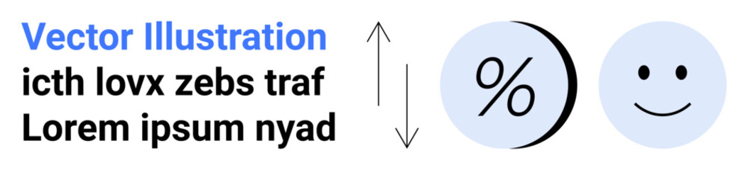 Text elements with arrows, percentage sign, and happy face in blue circles. Ideal for business metrics, data visualization, feedback, educational resources, user interfaces, presentations