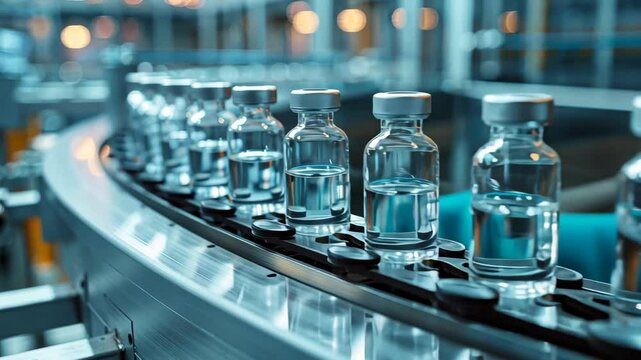 Medical glass vials filled with medicine or vaccines on the production line of a pharmaceutical factory.
