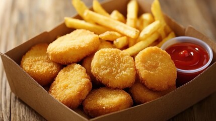 Naklejka premium Crispy Chicken Nuggets with Fries and Ketchup in Takeout Box