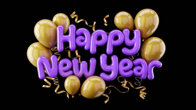 Happy New Year message written in purple balloon letters surrounded by golden balloons and ribbons.