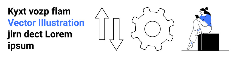 Woman sitting on a cube, using a tablet, accompanied by two-way arrows and a gear. Ideal for technology, communication, workflow, process optimization, digital transformation, mobile work