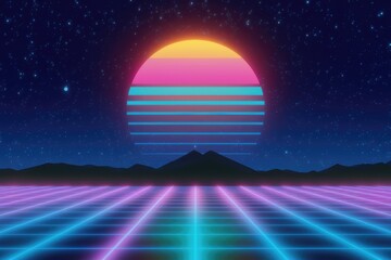 Retro 80s synthwave landscape with a vibrant sunset, gridded ground, and starry night sky.