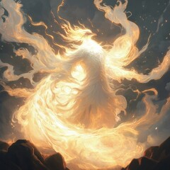 Ethereal phoenix rising in fiery splendor amidst twilight sky