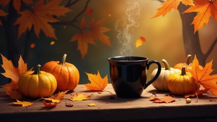 A cozy autumn scene with colorful fall leaves, pumpkins scattered around, and a steaming cup of hot coffee on a wooden table