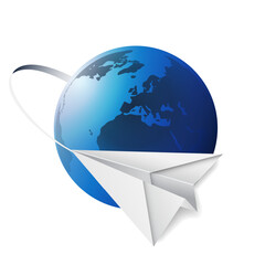 Fototapeta premium Traveling Around the World - Aviation, Travel by Airplane Concept - Earth Globe Design with Paper Plane, Isolated on White Background