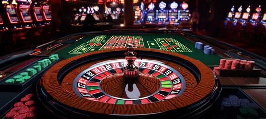 Roulette wheel spinning in casino gambling room with colorful chips