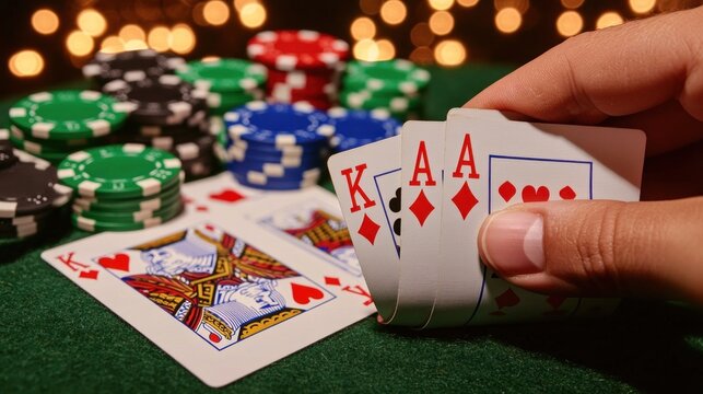 Gambler holding winning hand of full house, three aces and two kings, with poker chips in background