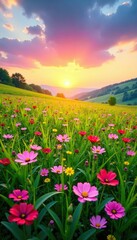 Obraz premium Pastel colors of sunset fade over a lush green field of wildflowers in full bloom, blooming flowers, spring, meadow