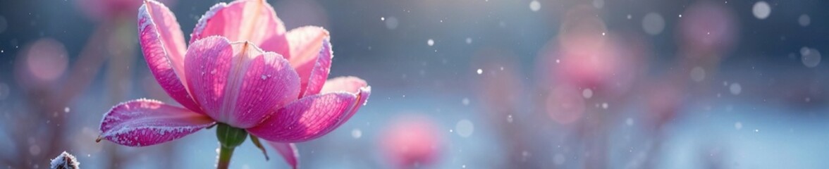 Fototapeta premium Delicate pink petals unfolding in the frosty air, flower, frosty, frozen