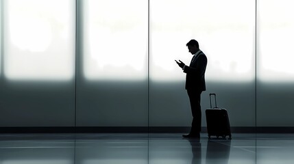 Fototapeta premium Tourist reading map on smartphone next to rolling suitcase, casual pose, conveying digital navigation, book illustration style
