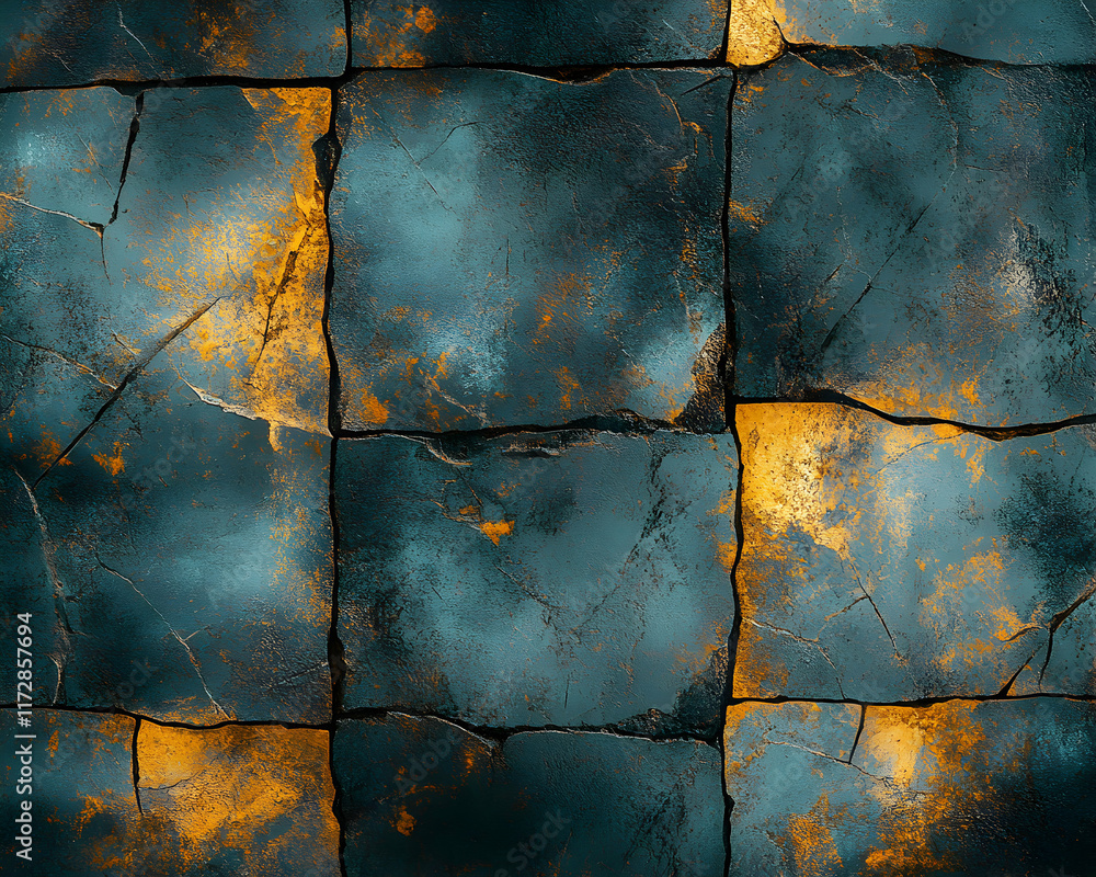 Poster abstract textured background image featuring teal and gold stone blocks with distressed and cracked 