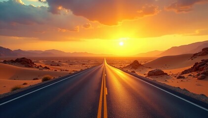 Fototapeta premium Desert highway stretching into horizon at golden dawn, road, vastness, sandy terrain