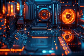 Illuminated computer motherboard, glowing components.