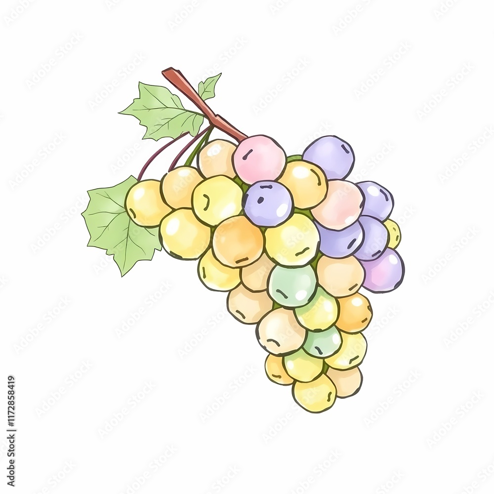 Poster pastel grape cluster: a cluster of pastel-hued grapes, bursting with color and sweetness, hangs from