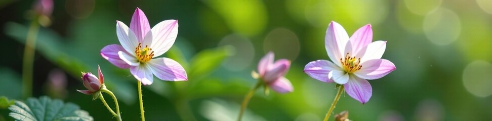 Small white and purple Columbine flowers blooming in the garden, columbine, small