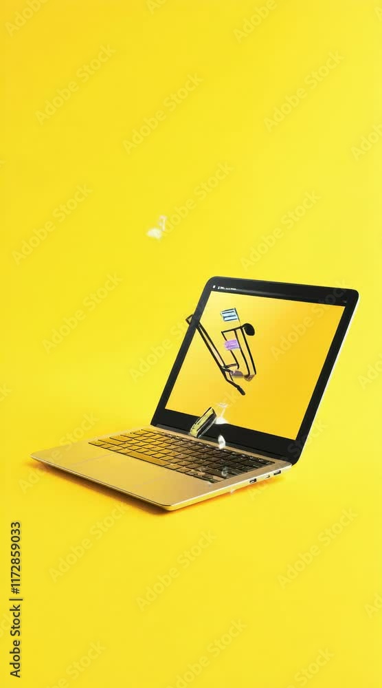 Poster Laptop displaying a shopping cart icon with floating e commerce symbols on a vibrant yellow background, illustrating online shopping and digital marketing in today's marketplace