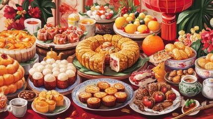 Fototapeta premium Bountiful Asian feast with various pastries, fruits, and desserts.