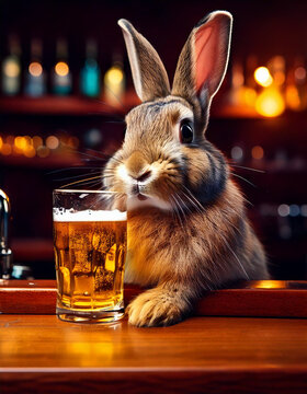 Portrait of gray easter bunny drinking a beer in a bar