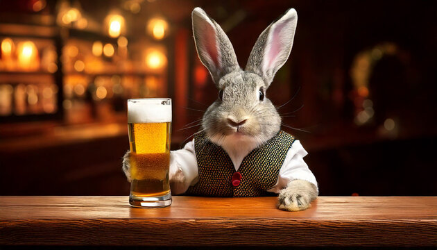 Easter bunny drinks beer on the bar counter image with copy space
