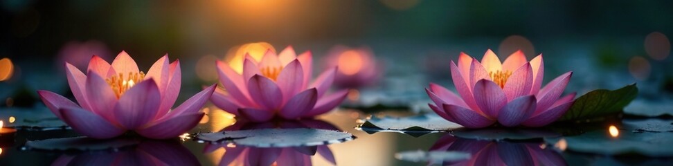 Fototapeta premium Softly glowing lotus flowers in a serene environment lit by warm diwali lights, lotus flowers, gentle lighting