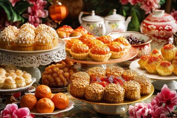 Assorted Chinese pastries and tea on display.