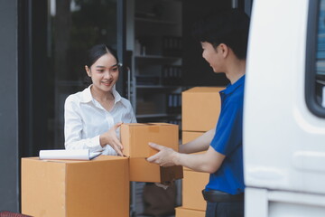Truck Mover Unloading Van Carrying Boxes And Moving House