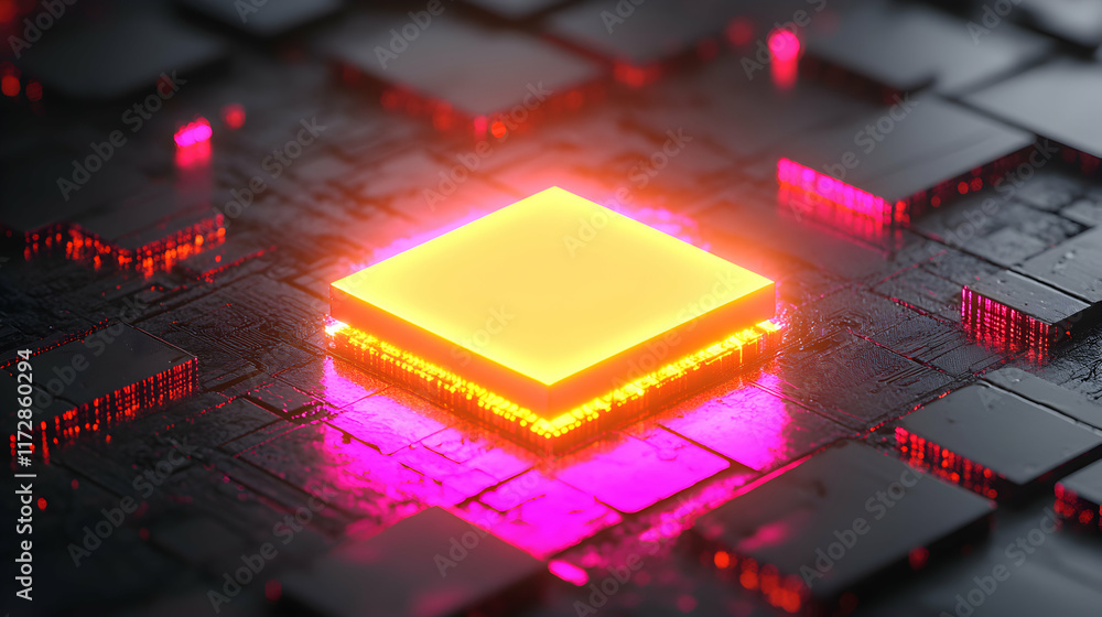 Poster glowing illuminated square on a dark futuristic circuit board. abstract technology background.