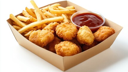 Golden Fried Chicken Nuggets with Crispy French Fries and Sauce
