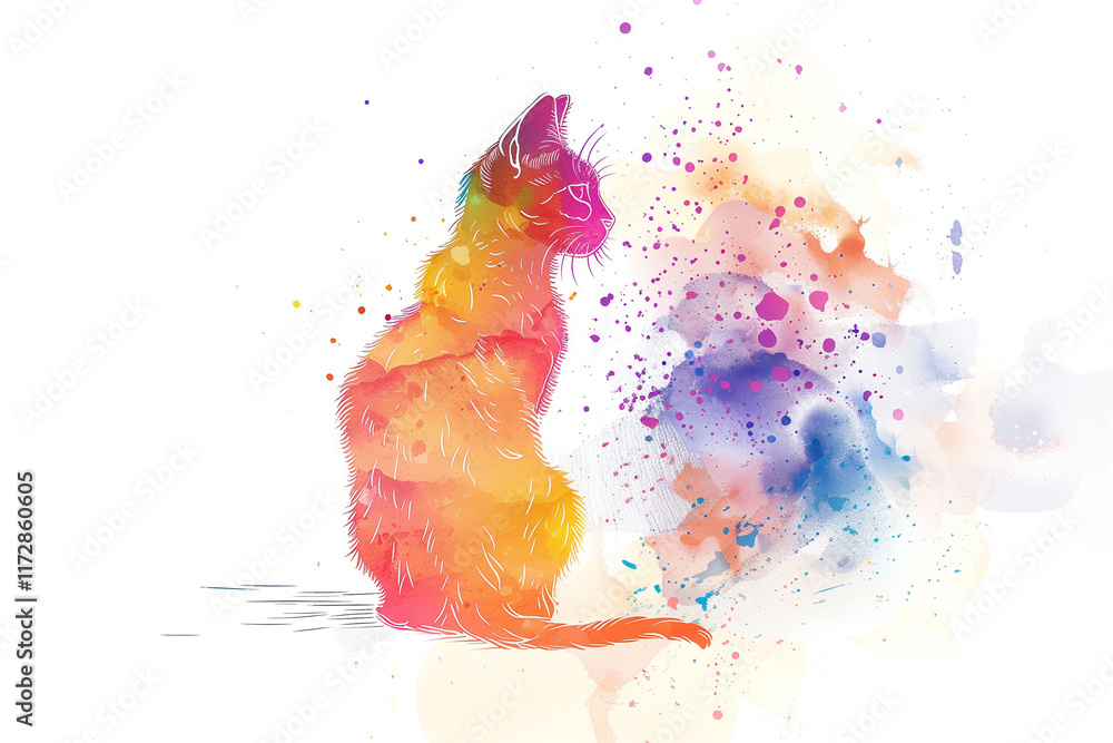Poster line art of a sitting cat with a burst of colors blending inside the outline, creating a watercolor 