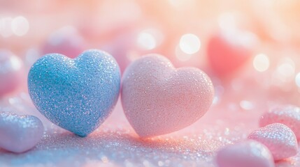 Obraz premium Pastel Romance Pink and Blue Glitter Hearts on Sparkling Background with Soft Focus and Bokeh