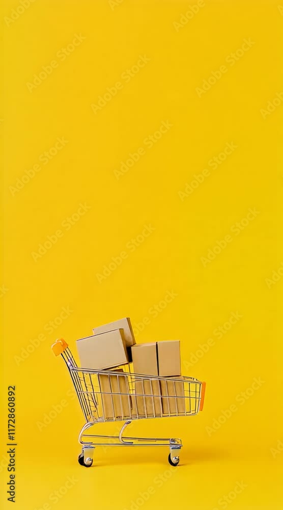 Poster miniature shopping cart full of cardboard delivery boxes is standing on a yellow background represen
