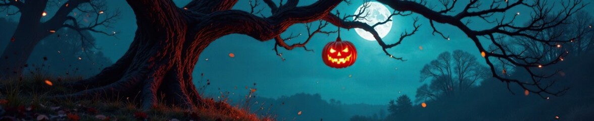twisted tree branches with glowing jack o lantern hanging from them, autumn, eerie