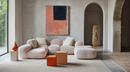 Fototapeta premium Generative AI, Minimalist living room with a blush modular sofa and bold orange accents