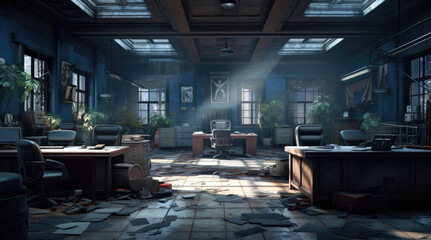 An illustration of an abandoned police station room