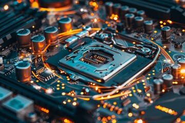 Close up of a modern computer motherboard showing the cpu with light trails