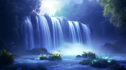 Majestic fantasy waterfall glowing with magical energy surrounded by bioluminescent plants and mist 