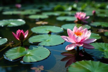 Water lilies and lotus flowers floating on the surface of a river with fine sand at the bottom, river habitat, serene atmosphere