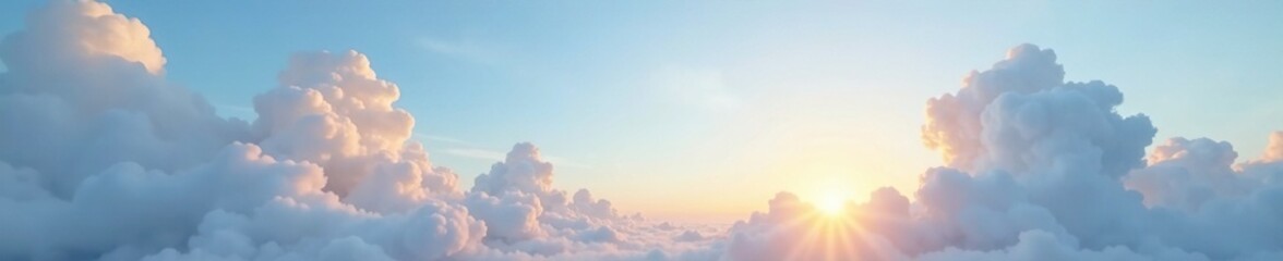 Soft blue sky with white fluffy clouds at sunrise, natural, soft, sunrise