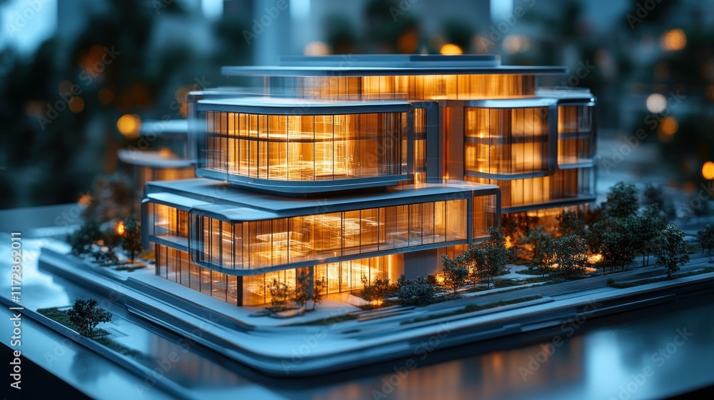 Poster 3D Blueprint of a Real Estate Project with Hologram Display in a Modern Setting