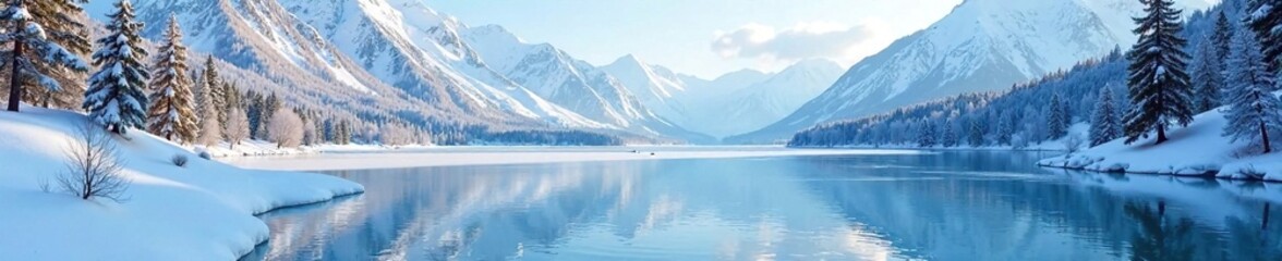 Frozen lake on the slope of Sniezka mountain with snow-covered trees, winter landscape, snow-capped mountains, icy waters