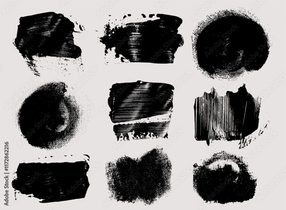Poster set of brush strokes bundle. vector collection of paintbrush. black round text boxes and grunge blot
