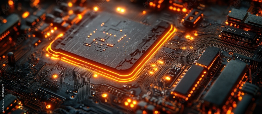 Poster futuristic high-resolution visualization of data circuit board with glow effects
