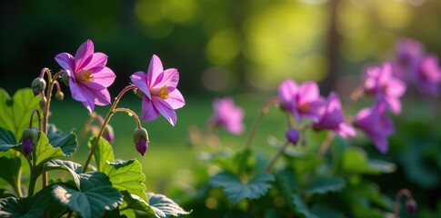 Purple Columbine flowers growing in the garden among other plants, , foliage
